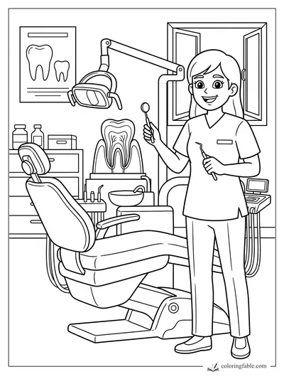 Girl dentist holding a mirror and scaler beside a dental chair, tooth model, lamp, and tooth poster.