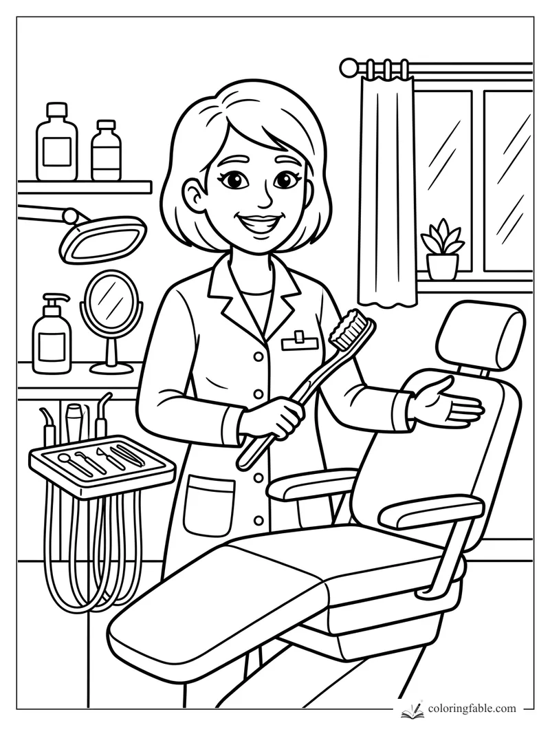 Smiling dentist holding a toothbrush beside a dental chair, tools, mirror, bottles, and window plant.