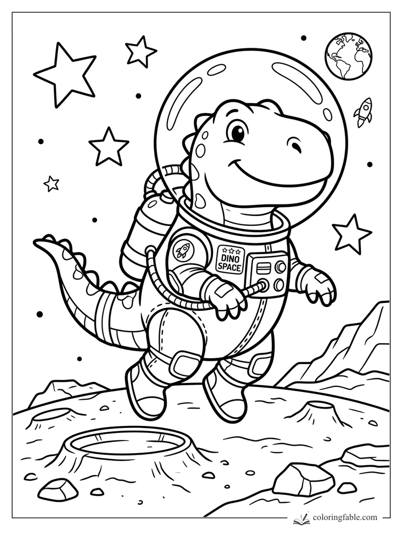 Cartoon dinosaur astronaut smiling in a space suit on the moon with Earth, stars, rocket, craters, and mountains.