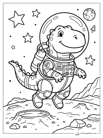 Cartoon dinosaur astronaut smiling in a space suit on the moon with Earth, stars, rocket, craters, and mountains.
