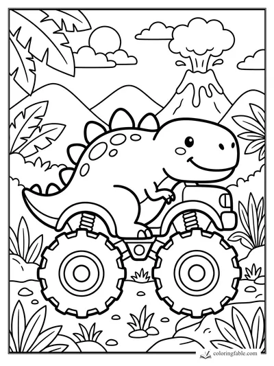 Kawaii dinosaur monster truck rolling through jungle plants with a smoking volcano behind it