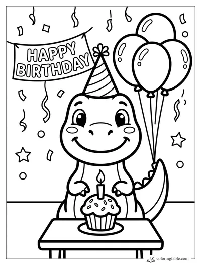 Smiling dinosaur with party hat, balloons, cupcake candle, Happy Birthday banner, confetti, and stars.