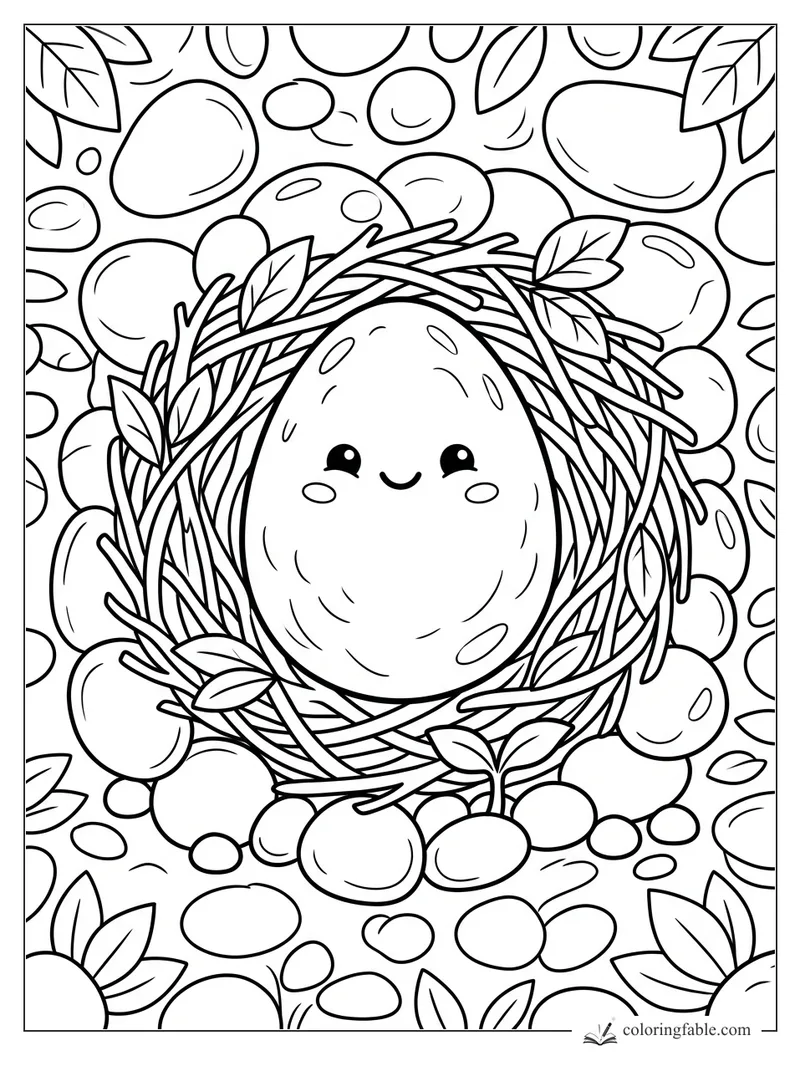 Kawaii dinosaur egg smiling in a twig nest with leaves, pebbles, and round eggs around it.