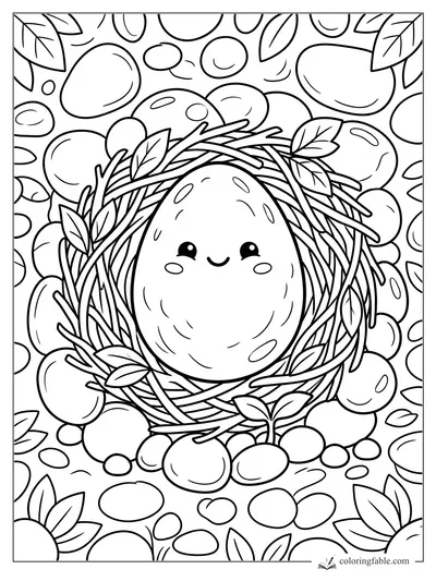 Kawaii dinosaur egg smiling in a twig nest with leaves, pebbles, and round eggs around it.