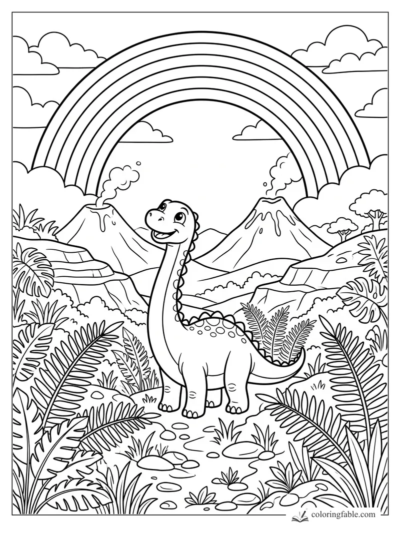 Cartoon long-neck dinosaur in a fern-filled valley with two smoking volcanoes and a huge rainbow