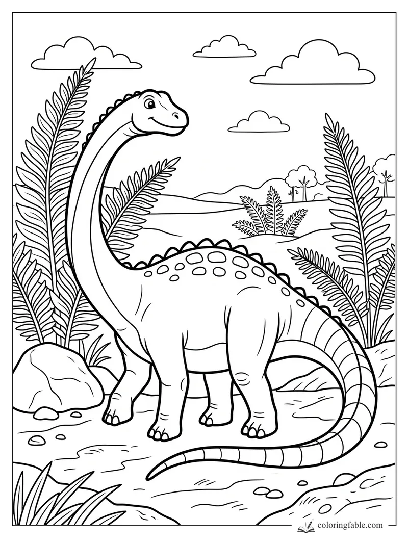 Smiling diplodocus with a long neck, spotted back, giant ferns, rocks, hills, and clouds.