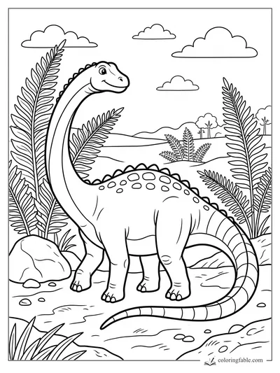 Smiling diplodocus with a long neck, spotted back, giant ferns, rocks, hills, and clouds.