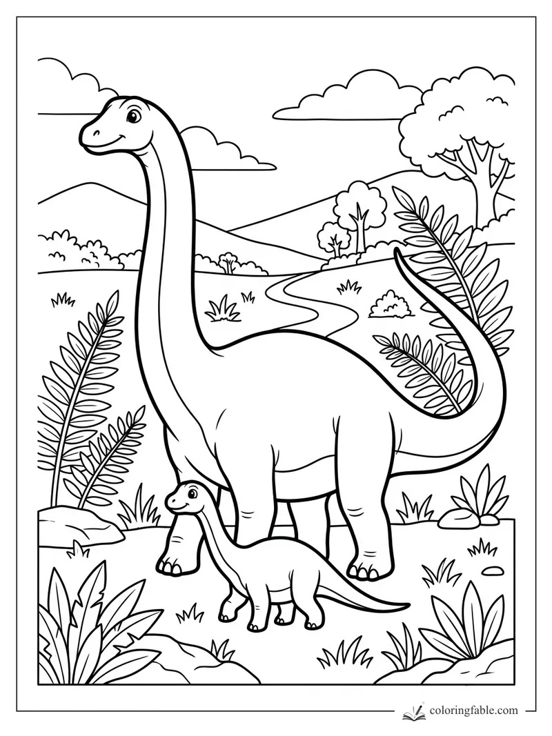 Easy diplodocus coloring page with a smiling long-neck adult, baby dinosaur, ferns, trees, hills, and clouds.