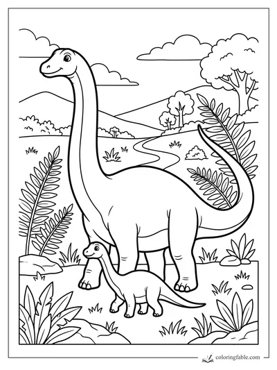 Easy diplodocus coloring page with a smiling long-neck adult, baby dinosaur, ferns, trees, hills, and clouds.