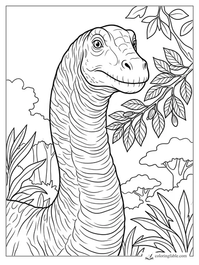 Realistic diplodocus with wrinkled neck reaching toward leafy branches and hanging seed pods in a prehistoric forest.