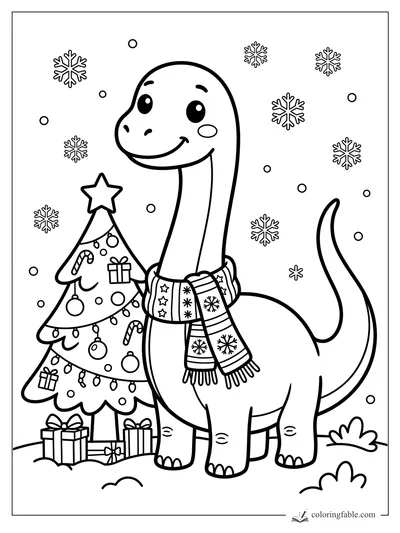 Kawaii diplodocus in a scarf beside a decorated Christmas tree with snowflakes and gifts