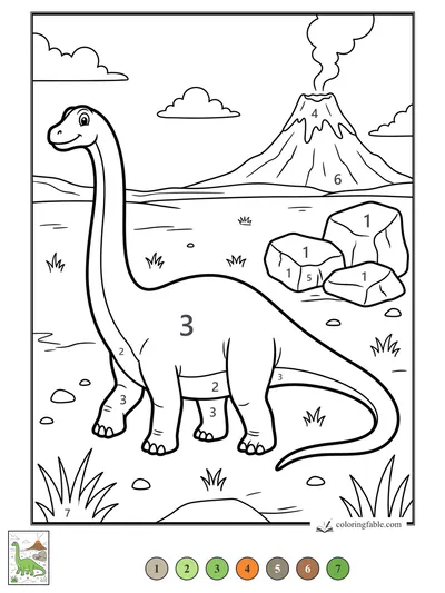 Smiling Diplodocus by a Smoking Volcano — color by number
