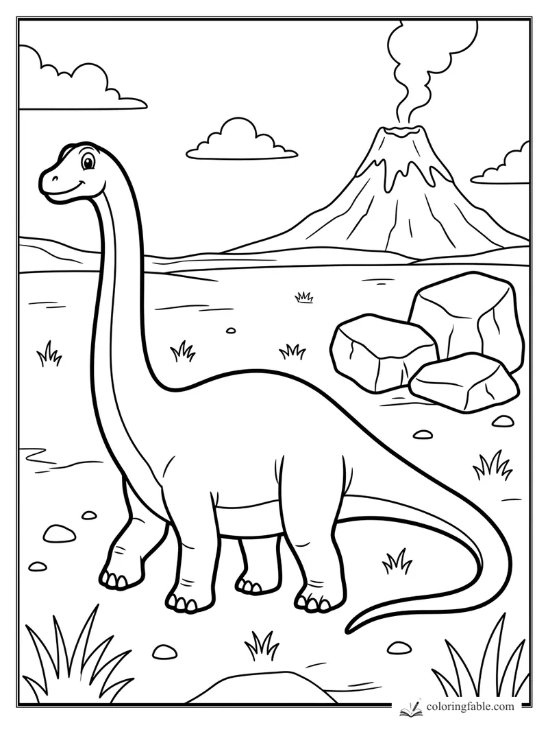Cartoon diplodocus smiling near rocks, grass tufts, clouds, and a smoking volcano.