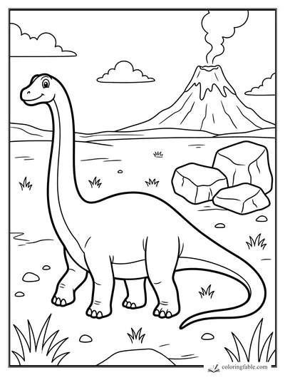 Cartoon diplodocus smiling near rocks, grass tufts, clouds, and a smoking volcano.
