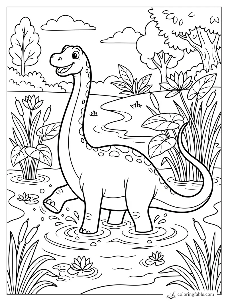 Cartoon diplodocus smiling in a shallow lily pond with cattails, water lilies, trees, and clouds.