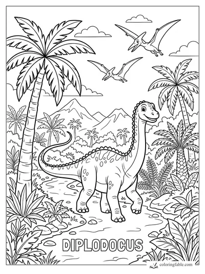 Cartoon diplodocus smiling among palm trees, ferns, mountains, clouds, and two flying pterosaurs.