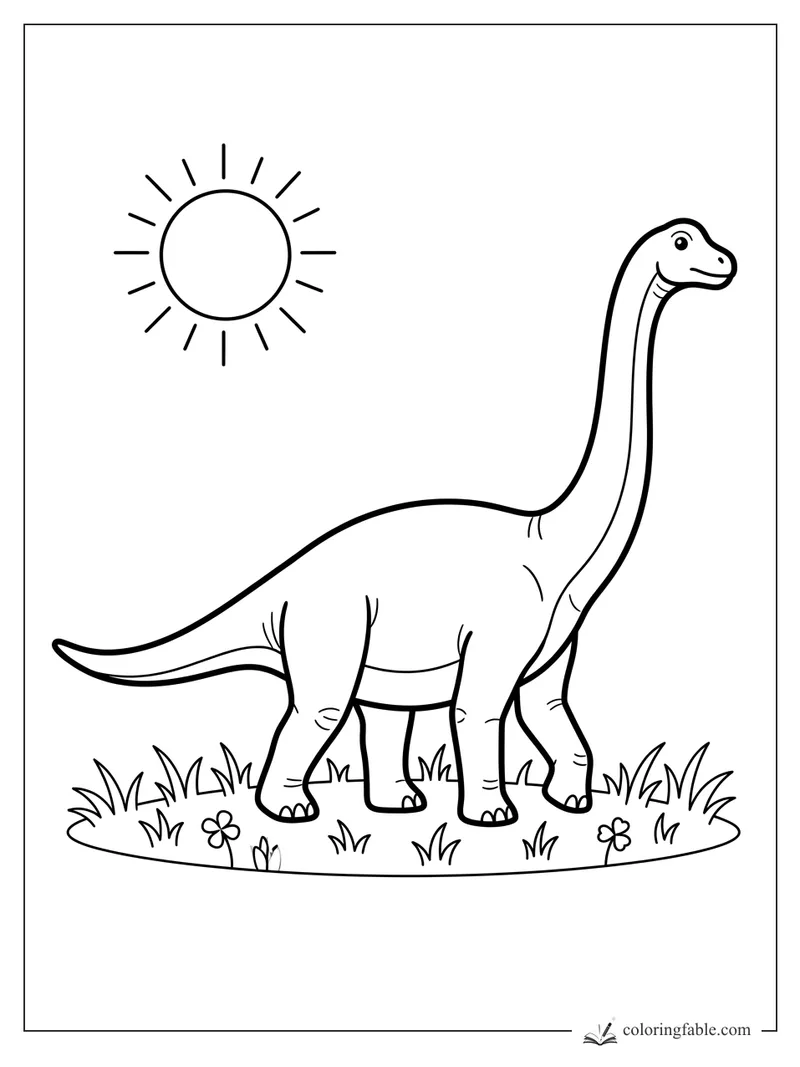 Minimalist diplodocus coloring page with a smiling long neck, sun, grass, and small flowers.