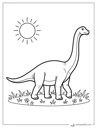 Minimalist diplodocus coloring page with a smiling long neck, sun, grass, and small flowers.