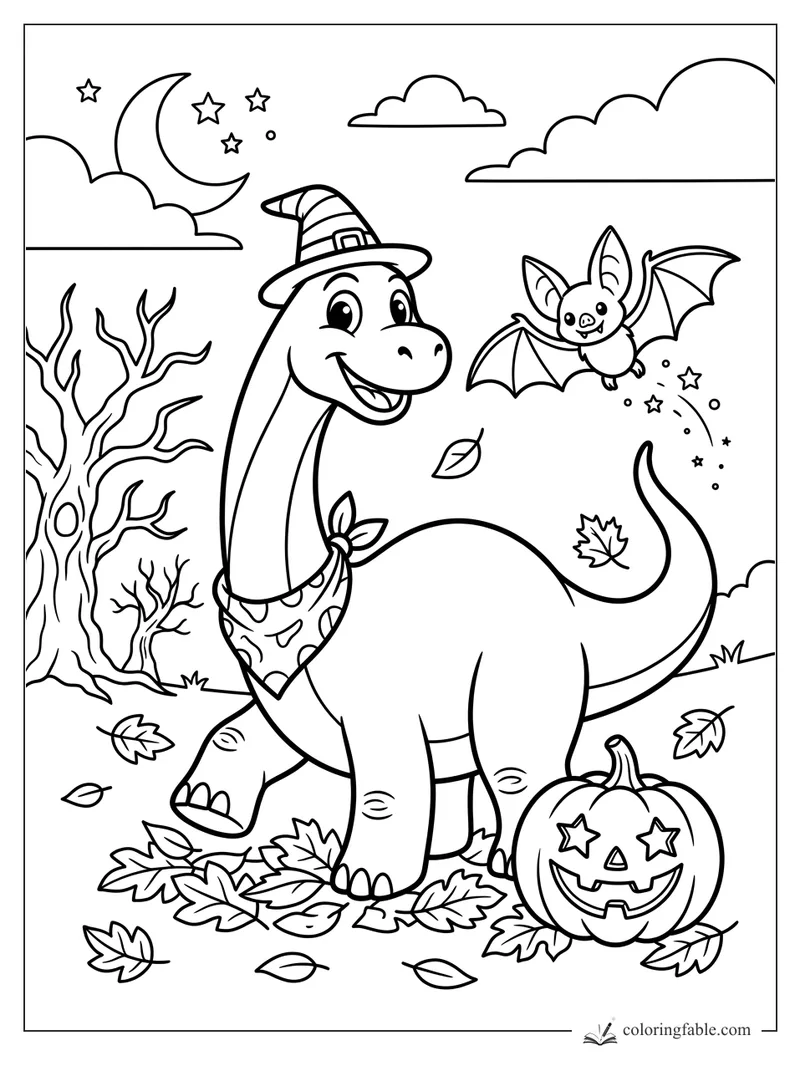 Cartoon diplodocus in a witch hat with a bat, jack-o'-lantern, crescent moon, bare trees, and fall leaves.