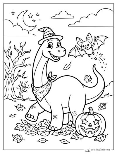 Cartoon diplodocus in a witch hat with a bat, jack-o'-lantern, crescent moon, bare trees, and fall leaves.