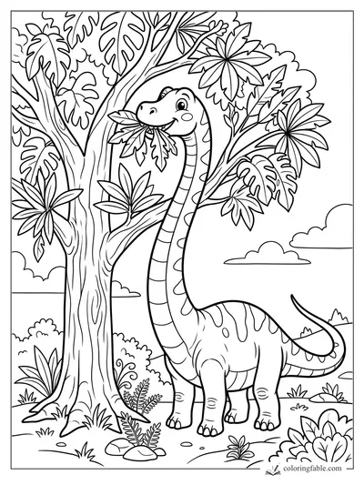 Cartoon diplodocus eating leaves beside a tall jungle tree with big tropical plants and clouds