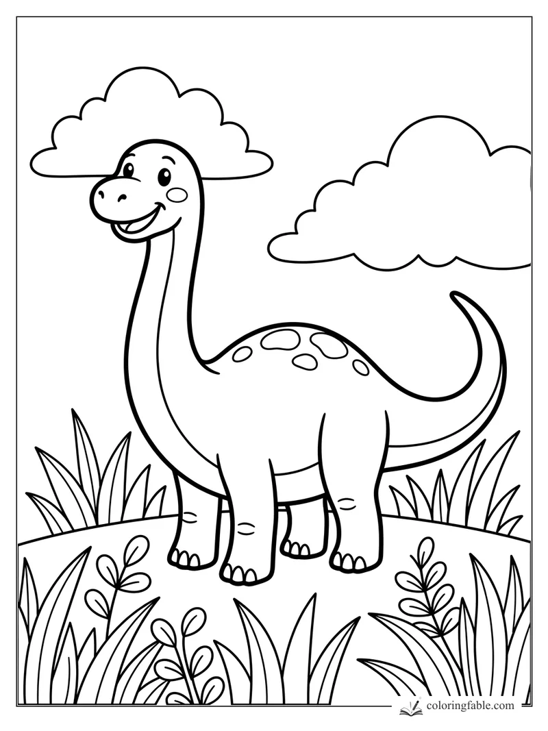 Bold easy diplodocus coloring page with puffy clouds, tall grass, spots, and a smiling face