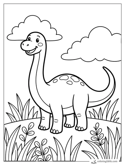 Bold easy diplodocus coloring page with puffy clouds, tall grass, spots, and a smiling face