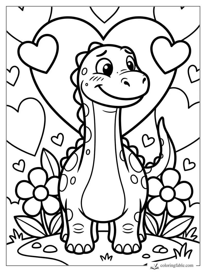 Cute diplodocus smiling between flowers and big heart balloons, bold easy coloring page