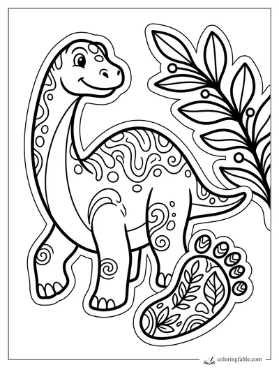 Sticker-style diplodocus smiling beside a leafy branch and a large patterned footprint.