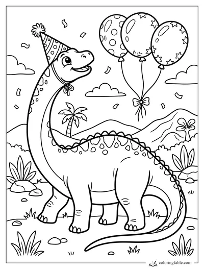 Cartoon diplodocus in a party hat with three patterned balloons, confetti, hills, palms, and volcano.