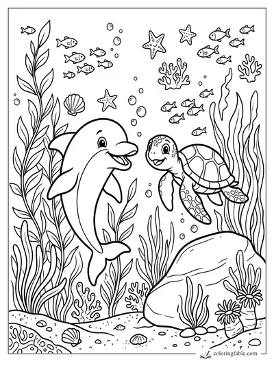 Cartoon dolphin smiling at a sea turtle among fish, starfish, coral, bubbles, and tall seaweed.