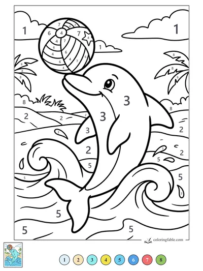 Smiling Dolphin Balancing a Beach Ball — color by number