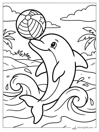 Cartoon dolphin balancing a striped beach ball in waves with palm trees and clouds