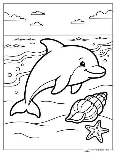 Easy dolphin coloring page with waves, bubbles, a spiral shell, starfish, and clouds.