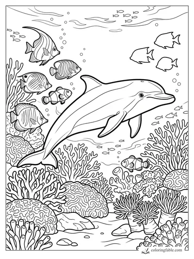 Smiling dolphin swimming past striped reef fish, bubbles, and detailed coral in an underwater coloring page