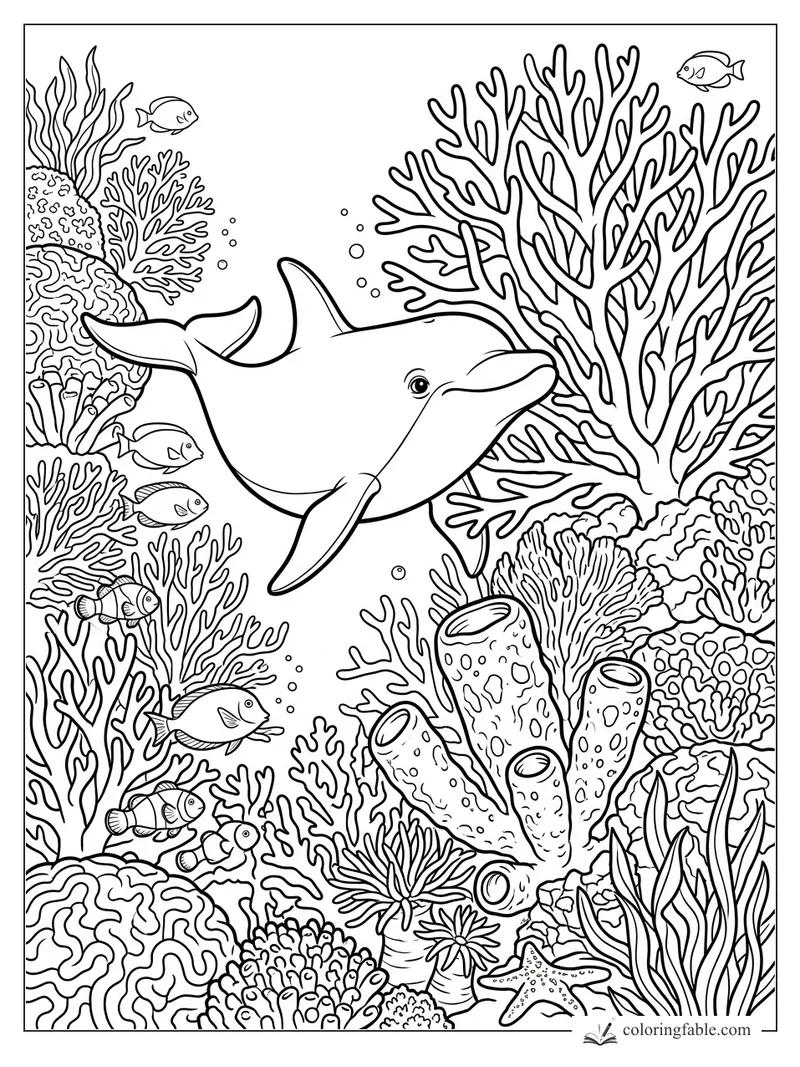 Smiling dolphin swimming through branching coral, tube sponges, fish, bubbles, and a starfish reef scene
