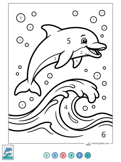 Smiling Dolphin Leaping Over a Curling Wave — color by number