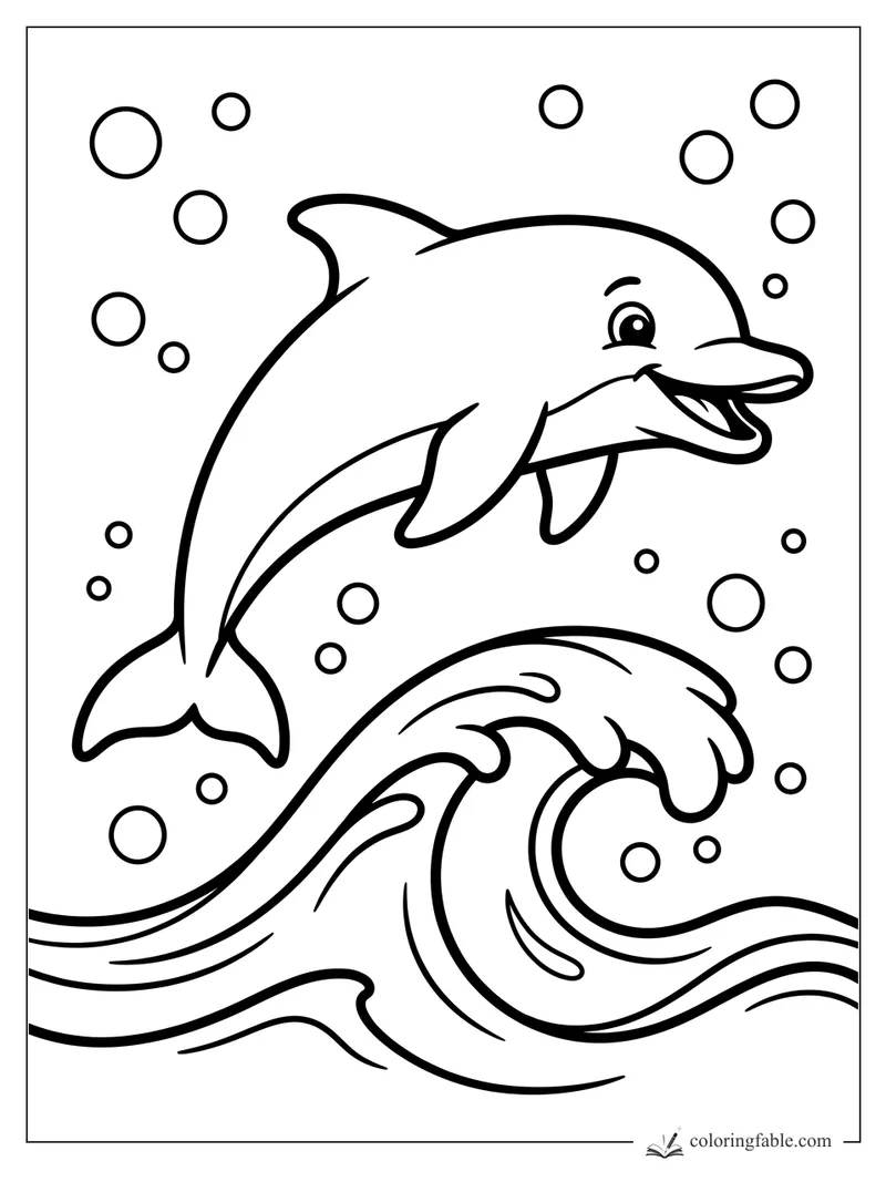 Easy dolphin coloring page with a smiling dolphin, ocean wave, and bubbles