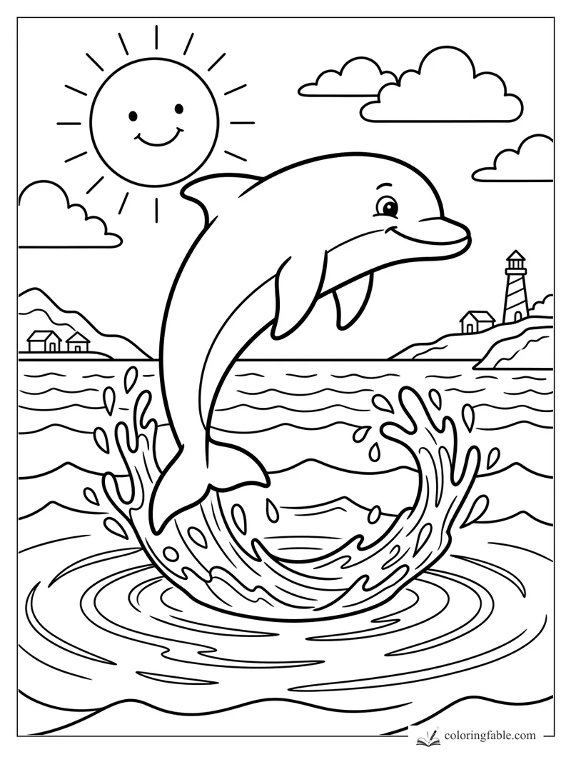 Cartoon dolphin jumping from ocean waves near a lighthouse, cottages, clouds, and smiling sun.