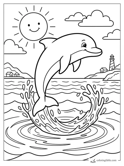 Cartoon dolphin jumping from ocean waves near a lighthouse, cottages, clouds, and smiling sun.