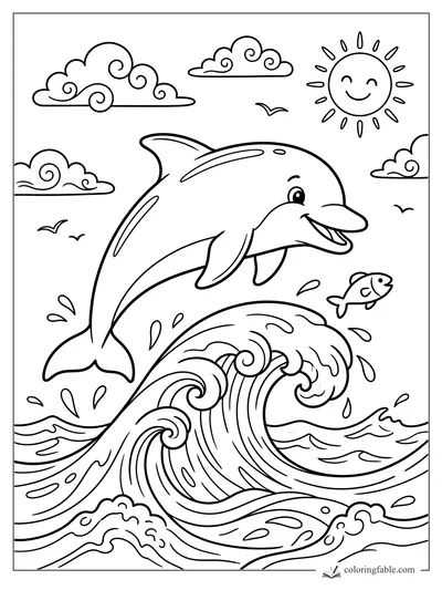 Smiling dolphin jumping above curling ocean waves with fish, clouds, seabirds, and sun