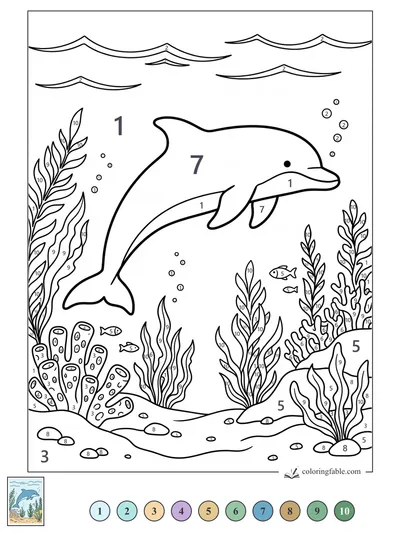 Smiling Dolphin Over the Kelp Garden — color by number