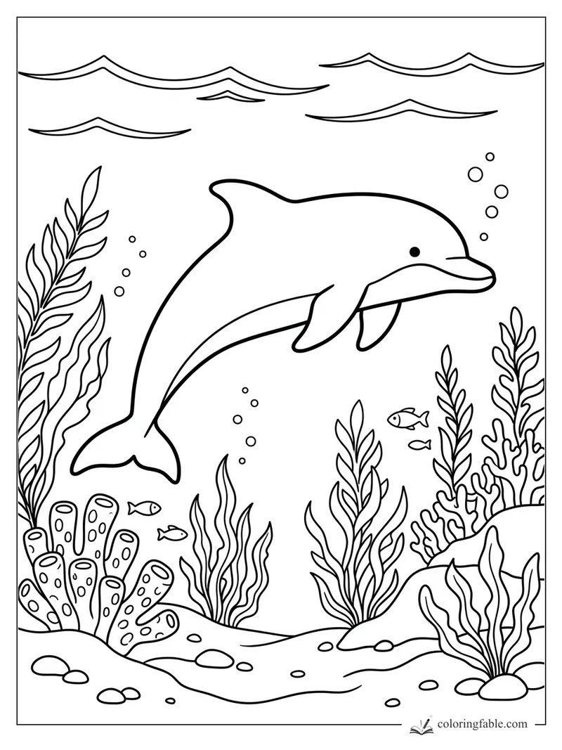 Smiling dolphin swimming above kelp, coral, bubbles, small fish, and wavy ocean lines