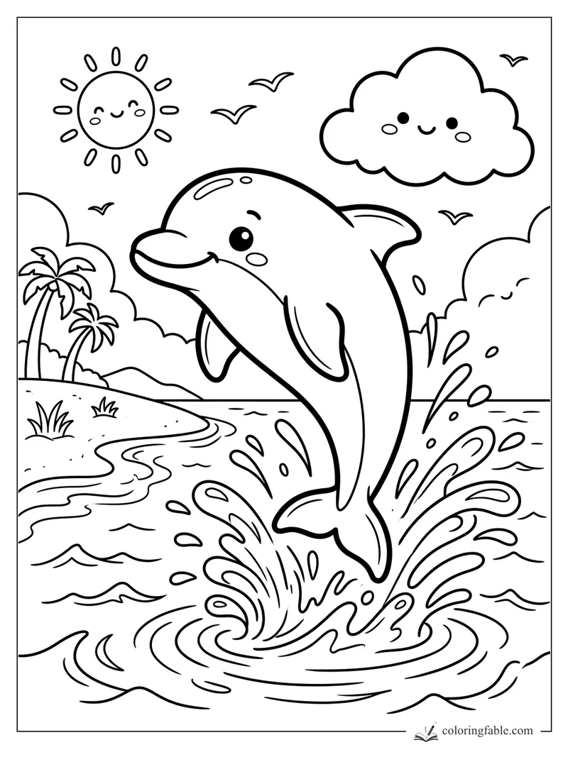 Kawaii dolphin jumping from ocean waves near palm trees, smiling sun, cloud, and seabirds