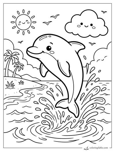 Kawaii dolphin jumping from ocean waves near palm trees, smiling sun, cloud, and seabirds