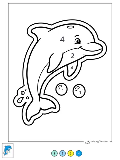 Smiling Dolphin Sticker with Two Bubbles — color by number