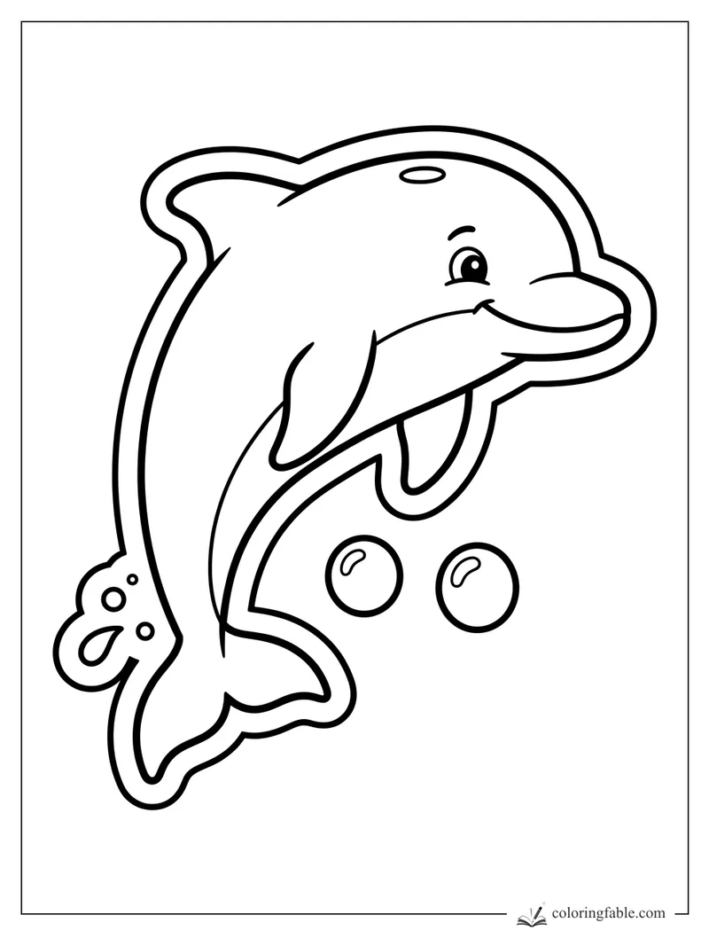 Smiling dolphin sticker with thick outline, two bubbles, and a small flower shape by its tail.
