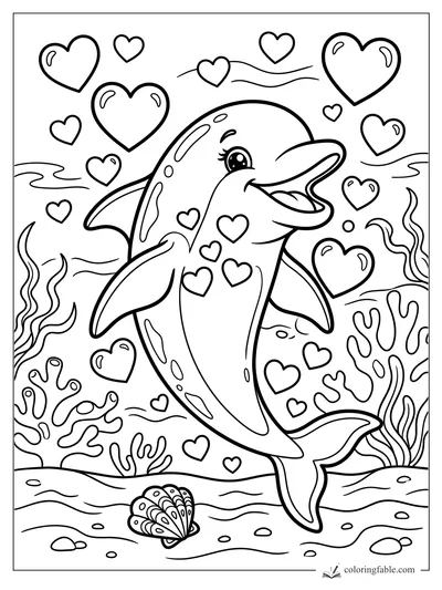Smiling dolphin underwater with heart bubbles, coral, seaweed, shells, and sandy ocean floor.