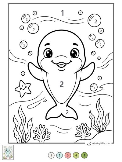 Smiling Dolphin With Bubbles and Seaweed — color by number