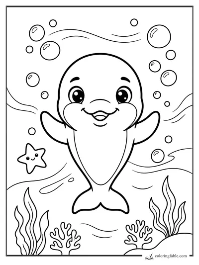Kawaii dolphin smiling underwater with bubbles, a starfish, coral, seaweed, and wavy currents.